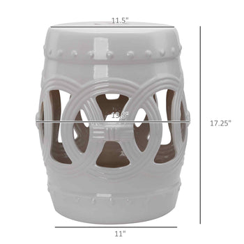 14" x 17" Ceramic Garden Stool with Double-Coin Knotted Ring Design & Strong Glazed Material, Decorative Outdoor Stool, Home Collection, White