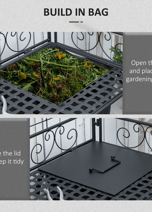 Folding Potting Bench Table, Metal Garden Workstation, Work Bench with Large Build-In Bag with Cover, 5 Hanging Hooks & Storage Shelf, Flourishes