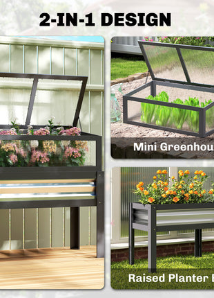 Raised Garden Bed with Flip-Up Mini Greenhouse, Elevated Planter Box with Legs and Bed Liner for Flowers, Vegetables