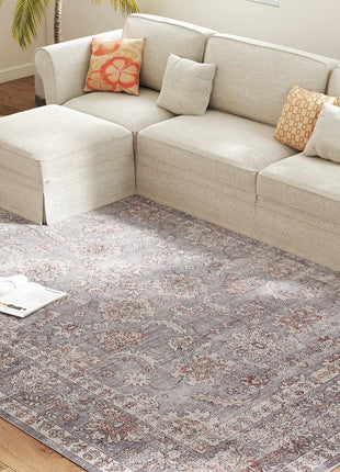 Machine Washable Area Rug 8x10, Non-Slip Traditional Flower Print Floor Carpet for Living Room, Bedroom, Grey and Brown