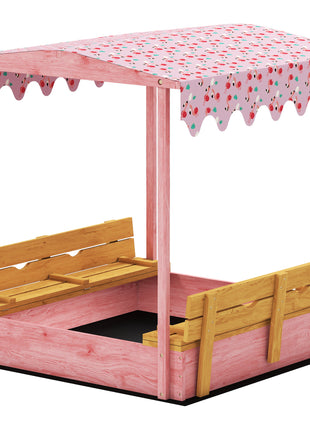 Wooden Sandbox with Cover, Kids Sandbox Outdoor with Seat, Bottom Liner, Canopy for Ages 3-6, Flamingos Print, Pink
