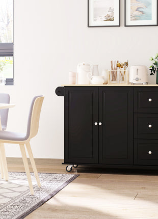 Storage Trolley Cart on Wheels, Mobile Kitchen Island with Drop Leaf, Towel/Spice Rack, 3 Drawers, 2-Door Cabinet, Black