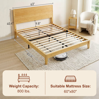Queen Size Bamboo Platform Bed Frame with Headboard and 12 Poplar Slats, No Box Spring Needed, Easy Assembly, Natural