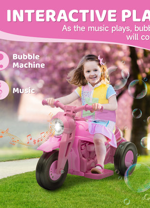 Ride On Motorcycle, 6V Ride on Bubble Car, 3 Wheeled Electric Motorcycle for Kids w/ LED Headlight, Music, Pink