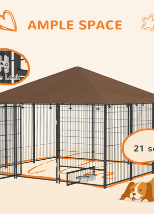6.9' x 6.9' x 5' Outdoor Dog Kennel with Canopy Garden Playpen Fence Crate Enclosure Cage Rotating Bowl, Coffee