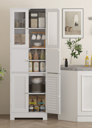 Freestanding Bathroom Cabinet with Glass/Louvred Doors, Tall Bathroom Storage Cabinet with Adjustable Shelf, White