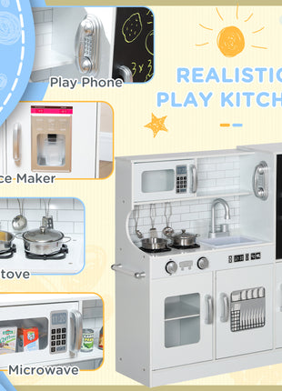 Pretend Play Kitchen, Kids Kitchen Playset with Play Phone, Chalkboard, Towel Rack & Ice Maker for 3-8 Years White
