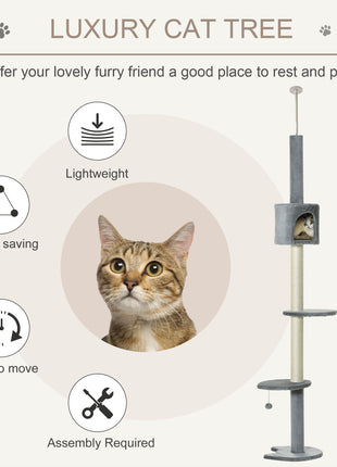 100" Cat Tree Height Adjustable Floor-to-Ceiling 4-Tier Kitty Climbing Activity Center Condo Cat Toy with Scratching Post Hanging Balls Play Rest Post Pet Furniture Grey