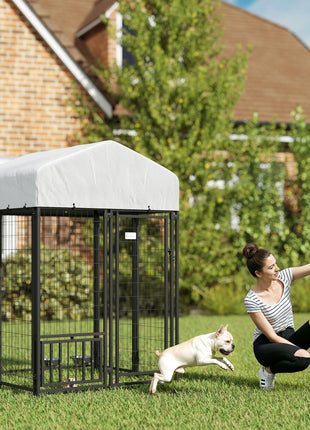 Welded Wire Outdoor Dog Kennel with 360° Rotating & 4 Levels Adjustable Bowls, Waterproof Cover, 3.9' x 3.9' x 6'
