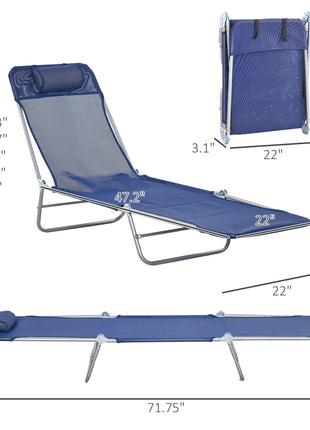 2 Piece Sun Loungers, Folding Chaise Lounge Chairs with Reclining Back, Breathable Mesh Seat, Headrest, Dark Blue