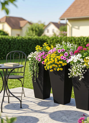 Tall Planters for Outdoor Plants Set of 3, 28 In Taper Planters with Drainage Holes, Indoor Grande Plant Pots, Front Porch Decor, Black