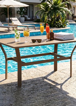 Outdoor Coffee Table with Slatted Tabletop, All-Weather Rectangle Metal Patio Coffee Table for Garden, Brown
