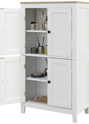 Bathroom Storage Cabinet, Modern Bathroom Floor Cabinet with 4 Doors and 2 Adjustable Shelves, White