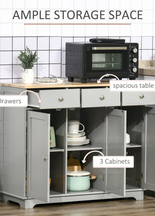 Kitchen Storage Cabinet, Sideboard Floor Cupboard with Solid Wood Top, Adjustable Shelf, and 3 Drawers, Gray