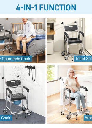 3-in-1 Shower Commode Wheelchair, Accessible Transport Commode Medical Rolling Chair, Black
