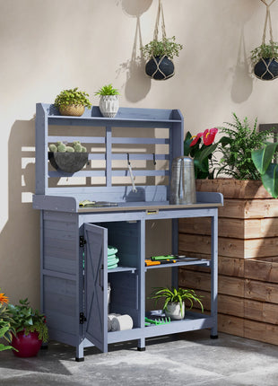 Wooden Potting Bench with Storage, Aluminum Tabletop for Backyard, Patio, Balcony, Gray