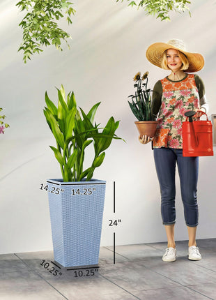 Tall Planters for Outdoor Plants Set of 3, 24 In Taper Planters with Drainage Holes, Rattan Decor Plant Pots, Light Gray