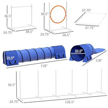 7pc Agility Training Equipment for Dogs w/ Tunnels, Weave Poles Adjustable Hurdle, Jumping Ring, Pause Box, Blue
