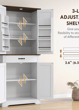 71" Tall Kitchen Cabinet, Farmhouse Pantry Cabinet w/ Barn Doors, 6 Shelves w/ 2 Doors, Drawer and Adjustable Shelves, White