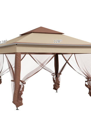Outdoor Patio Pop Up Canopy Gazebo Shelter with Zipper Netting, Carry Bag, 11' x 11', Khaki