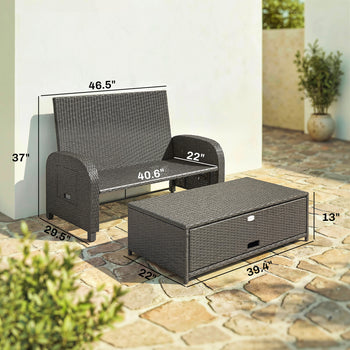 Patio Rattan Daybed, Wicker Outdoor Daybed with Storage Ottoman, Loveseat w/ Adjustable Backrest, Navy Blue