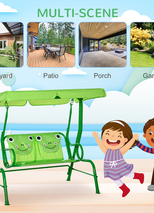 Kids Patio Swing, Adjustable Canopy Swing Glider, Kids Outdoor Swing Chair with 2 Seats, Seat-Belted Safety, Green