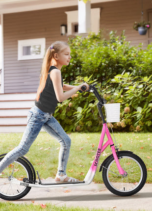 Youth Scooter, Kick Scooter with Adjustable Handlebars, Double Brakes, 16" Inflatable Rubber Tires, Basket, Pink