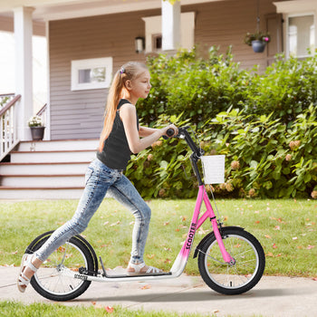 Youth Scooter, Kick Scooter with Adjustable Handlebars, Double Brakes, 16" Inflatable Rubber Tires, Basket, Pink