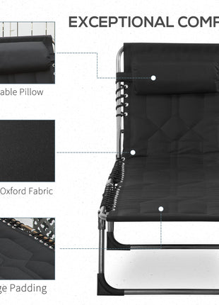 Padded Folding Chaise Lounge Chair, Outdoor 6-Level Reclining Camping Tanning Chair with Headrest for Beach, Yard, Patio, Pool, Black