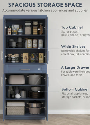 Modern Kitchen Pantry Freestanding Cabinet Cupboard with Doors and Drawer, Adjustable Shelving, Navy Blue