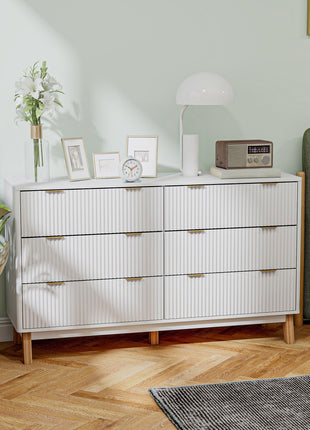 6 Drawer Double Dresser for Bedroom, Fluted Chest of Drawers with Gold Finger Pulls and 5 Wood Legs, White