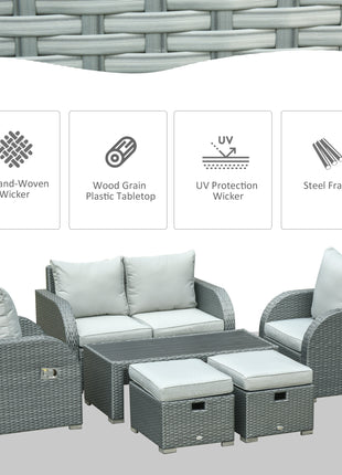 6-PCs Patio Furniture Sets Outdoor Wicker Sofa Set Rattan Angle Adjustable Recline Single Chair Conversation Set, Ottomans, w/ Polyester Tea Table Gas Spring  & Soft Washable Cushions, Grey