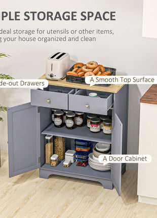 Kitchen Storage Cabinet, Sideboard Floor Cupboard with Solid Wood Top, Adjustable Shelf, and 2 Drawers, Gray