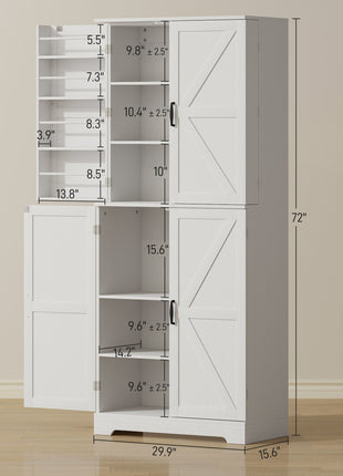 Farmhouse Kitchen Pantry, 72" Tall Pantry Cabinet with 4 Barn Doors, 4 Adjustable Shelves and 8 Door Shelves, White
