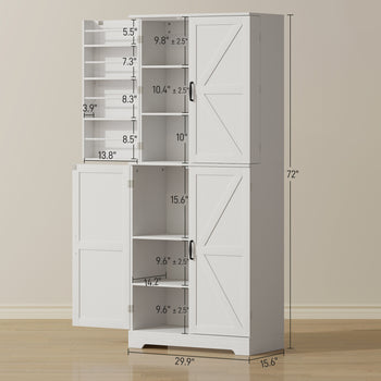 Farmhouse Kitchen Pantry, 72" Tall Pantry Cabinet with 4 Barn Doors, 4 Adjustable Shelves and 8 Door Shelves, White