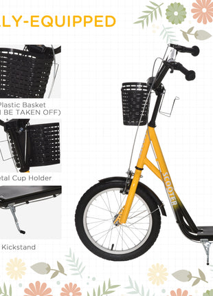 Youth Scooter, Kick Scooter with Adjustable Handlebars, Double Brakes, 16" Inflatable Rubber Tires, Basket, Cupholder, Orange