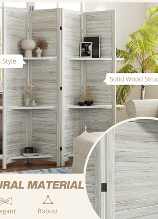 4 Panel 67" Tall Wood Privacy Screen Room Divider with 3 Shelves and Folding Storage for Bedroom, Distressed White