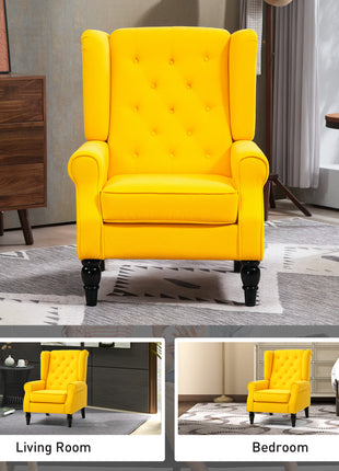 Wingback Accent Chair for Living Room, Button-Tufted Lounge Chair with Round Armrests and Wood Legs, Yellow