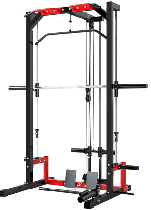 Smith Machine Power Rack with Pull Up Bar, Lat Pull Down System, Landmine, Squat Rack, Barbell Bar, for Home Gym