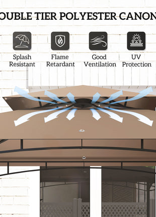 8' x 5' Outdoor Grill Gazebo, Barbecue Gazebo Shelter with Side Awning, 2 Side Shelves and 6 Hooks, Brown