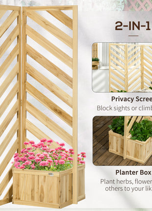 Decorative Outdoor Privacy Screen, Freestanding Divider/Separator with 4 Self-Draining Planters, 3 Trellis Plant Support Panels for Garden Walkway, Backyard, Natural Wood