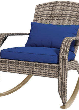 Adirondack Chair, Outdoor Wicker Rocking Chair with High Back, Seat Cushion, and Pillow for Porch, Balcony, Dark Blue