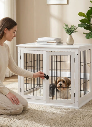 Dog Crate Furniture, 32" Small Dog Cage End Table with 2 Doors, Lockable Door, Puppy Kennel Indoor, White