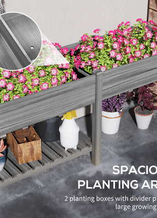 Wood Raised Garden Box, Elevated Garden Bed with Side Table, Bottom Shelf, Bed Liners and Drainage Holes, Gray