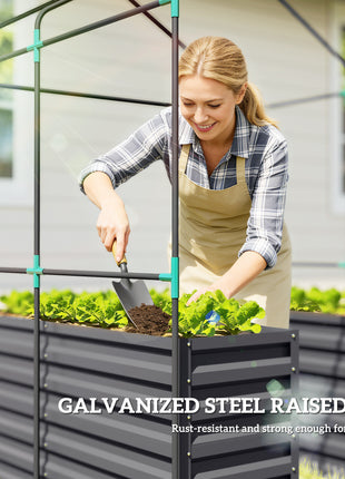Greenhouse with Raised Garden Bed, Galvanized Steel Outdoor Greenhouse with Roll Up Door, 56" x 56" x 75", Dark Gray