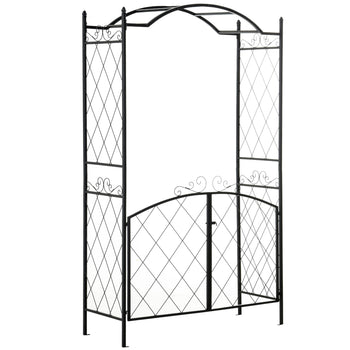 85" Garden Arch Arbor, Metal Arch Trellis with Gate, Garden Archway for Climbing Vines, Wedding Ceremony Decoration, Black