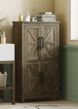 Bathroom Floor Storage Cabinet, Farmhouse Bathroom Cabinet with 4 Doors and Adjustable Shelf, Brown