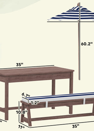 Outdoor Wooden Kids Picnic Table & Bench Set with Cushions and Umbrella, for Patio, Garden, Navy Blue