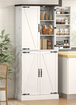72" Tall Kitchen Pantry Cabinet, Farmhouse Storage Cabinet with 8 Door Racks and Adjustable Shelves, White