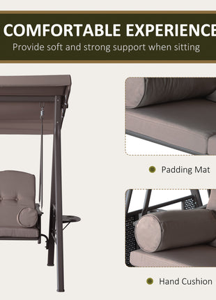 3-Seat Patio Swing Chair, Outdoor Porch Swing Glider with Adjustable Canopy, Removable Cushion, Pillows and Side Trays, for Garden, Poolside, Backyard, Brown